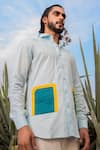 Shop_Runit Gupta_Blue Cotton Linen Color Block Patch Pocket Shirt  _Online_at_Aza_Fashions