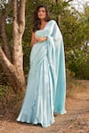 Buy_Parshya_Blue Blouse Viscose Flat Silk Hand Embroidery Self Pre-draped Saree And Set _at_Aza_Fashions