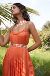 Parshya_Orange Gown Viscose Satin Jacquard Hand Embroidery Self Design Scoop With Belt _Online_at_Aza_Fashions