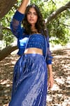 Parshya_Blue Blouse Viscose Flat Silk Embellished Bomber Jacket Stripe Pattern Pant Set _Online_at_Aza_Fashions