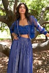 Buy_Parshya_Blue Blouse Viscose Flat Silk Embellished Bomber Jacket Stripe Pattern Pant Set _Online_at_Aza_Fashions