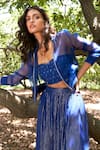 Parshya_Blue Blouse Viscose Flat Silk Embellished Bomber Jacket Stripe Pattern Pant Set _at_Aza_Fashions