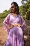 Parshya_Purple Blouse And Pant Viscose Crepe Georgette Shimmer Finish Cape Flared Set _Online_at_Aza_Fashions