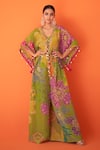 Buy_Taavare_Green Tissue Organza Printed Floral Kaftan Open Botanic Short Pant Set _at_Aza_Fashions