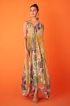 Buy_Taavare_Multi Color Tissue Organza Printed Floral V Neck Flared Blossom Gown _at_Aza_Fashions