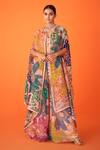 Buy_Taavare_Peach Organza Printed Floral Cape Open Flared Botanic Sharara Set _at_Aza_Fashions