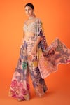 Shop_Taavare_Peach Organza Printed Floral Cape Open Flared Botanic Sharara Set _at_Aza_Fashions