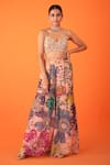 Taavare_Peach Organza Printed Floral Cape Open Flared Botanic Sharara Set _Online_at_Aza_Fashions