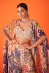 Buy_Taavare_Peach Organza Printed Floral Cape Open Flared Botanic Sharara Set _Online_at_Aza_Fashions