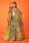 Buy_Taavare_Green Tissue Organza Printed Floral Cape Open Embroidered Bustier Lehenga Set _at_Aza_Fashions