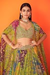 Buy_Taavare_Green Tissue Organza Printed Floral Cape Open Embroidered Bustier Lehenga Set _Online_at_Aza_Fashions