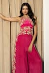 Shop_MEHAK SHARMA_Pink Crepe Hand Embroidered Chid Round Neck Floral Jaal Jumpsuit _at_Aza_Fashions