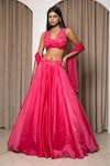 Buy_MEHAK SHARMA_Pink Satin Organza Embroidery Floral Blunt V Neck Waistband Lehenga Set_at_Aza_Fashions