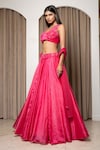 Shop_MEHAK SHARMA_Pink Satin Organza Embroidery Floral Blunt V Neck Waistband Lehenga Set_at_Aza_Fashions