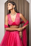 MEHAK SHARMA_Pink Satin Organza Embroidery Floral Blunt V Neck Waistband Lehenga Set_Online_at_Aza_Fashions