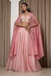 Buy_MEHAK SHARMA_Pink Satin Organza Embroidery Floral Cape Open Placket Lehenga Set _at_Aza_Fashions