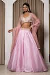 Buy_MEHAK SHARMA_Pink Satin Organza Embroidery Resham Notched Floral Jaal Waistband Lehenga Set_at_Aza_Fashions