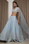 Buy_MEHAK SHARMA_Blue Silk Chanderi Embroidery Zari V Neck Lehenga Set_Online_at_Aza_Fashions