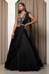 Buy_MEHAK SHARMA_Black Modal Satin Embroidery Cutdana V Neck Lehenga Saree With Blouse_at_Aza_Fashions