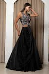 Shop_MEHAK SHARMA_Black Modal Satin Embroidery Cutdana V Neck Lehenga Saree With Blouse_Online_at_Aza_Fashions