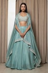 Buy_MEHAK SHARMA_Blue Tissue Silk Embroidery Zari Cape Open Lehenga Set_at_Aza_Fashions