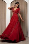 Buy_MEHAK SHARMA_Red Net Embroidery Chid V Neck Blouse Lehenga Set_at_Aza_Fashions