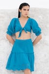 Buy_Beachbum_Blue Double Gauze Cotton Schiffli Cordon Tie-up Top And Skirt Set _at_Aza_Fashions