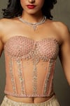 Buy_RI.Ritu Kumar_Peach Net Embroidery Gota Sweetheart Neck Chanda Floral Corset Blouse _Online_at_Aza_Fashions