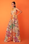 Buy_Taavare_Multi Color Tissue Organza Printed Floral Band Collar Cut Out Jumpsuit_at_Aza_Fashions