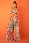 Shop_Taavare_Multi Color Tissue Organza Printed Floral Band Collar Cut Out Jumpsuit_at_Aza_Fashions