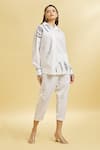 Buy_Soha by Harleen and Sona_White Cotton Embroidered Floral Shirt Collar Glass Beads And Cigarette Pant Set _Online_at_Aza_Fashions