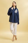 Soha by Harleen and Sona_Blue Cotton Embroidered Floral Shirt Collar Patch  _at_Aza_Fashions