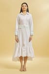 Soha by Harleen and Sona_White Cotton Embroidered Floral Shirt Collar Tiered Dress  _Online_at_Aza_Fashions