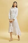 Soha by Harleen and Sona_White Cotton Embroidered Floral Shirt Collar Tiered Dress  _at_Aza_Fashions