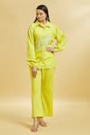 Buy_Soha by Harleen and Sona_Green Cotton Embroidered Floral Shirt Collar And Flared Pant Set _at_Aza_Fashions