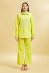 Soha by Harleen and Sona_Green Cotton Embroidered Floral Shirt Collar And Flared Pant Set _Online_at_Aza_Fashions