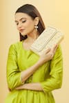 Samyukta Singhania_Cream Pearl Raw Silk Jewel Embellished Clutch _at_Aza_Fashions