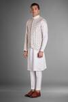 Shop_More Mischief_White Silk, Linen, Cotton Satin Zari, Embroidery, Floral Bundi Kurta Set_at_Aza_Fashions