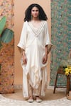 Buy_Rishi and Vibhuti_Ivory Cotton Lace, Zari V-neck Azra Draped Kaftan Tunic And Pant Set_at_Aza_Fashions