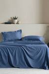 Buy_Houmn_Blue Cotton Feather Stitch Solid Bedsheet Set_at_Aza_Fashions