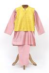 Shop Minime Organics Yellow , Satin Mirrors, Embroidery Jacket And Kurta Set at Aza Fashions Shop_Minime Organics_Yellow , Satin Mirrors, Embroidery Jacket And Kurta Set_at_Aza_Fashions