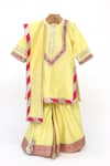 Shop_Minime Organics_Yellow , Satin Cut Work, Tassels, Embroidered Kurta Sharara Set _at_Aza_Fashions