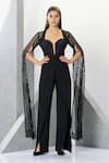 Buy_Eli Bitton_Black 60% Rayon Embroidered Crochet Sweetheart Lizette Cape Sleeve Jumpsuit _at_Aza_Fashions