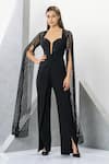 Eli Bitton_Black 60% Rayon Embroidered Crochet Sweetheart Lizette Cape Sleeve Jumpsuit _Online_at_Aza_Fashions