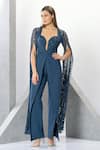 Buy_Eli Bitton_Blue 60% Rayon Embroidered Crochet Sweetheart Neck Lizette Cape Sleeve Jumpsuit _at_Aza_Fashions