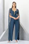 Eli Bitton_Blue 60% Rayon Embroidered Crochet Sweetheart Neck Lizette Cape Sleeve Jumpsuit _Online_at_Aza_Fashions