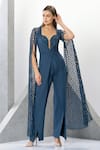 Buy_Eli Bitton_Blue 60% Rayon Embroidered Crochet Sweetheart Neck Lizette Cape Sleeve Jumpsuit _Online_at_Aza_Fashions