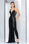 Shop_Eli Bitton_Black 60% Rayon Embroidered Sequin And Cut Dana Work Emily Draped Jumpsuit _Online_at_Aza_Fashions