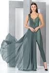 Buy_Eli Bitton_Green 60% Rayon Embroidered Sequin And Cut Dana Work Emily Draped Jumpsuit _at_Aza_Fashions