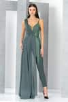 Eli Bitton_Green 60% Rayon Embroidered Sequin And Cut Dana Work Emily Draped Jumpsuit _Online_at_Aza_Fashions